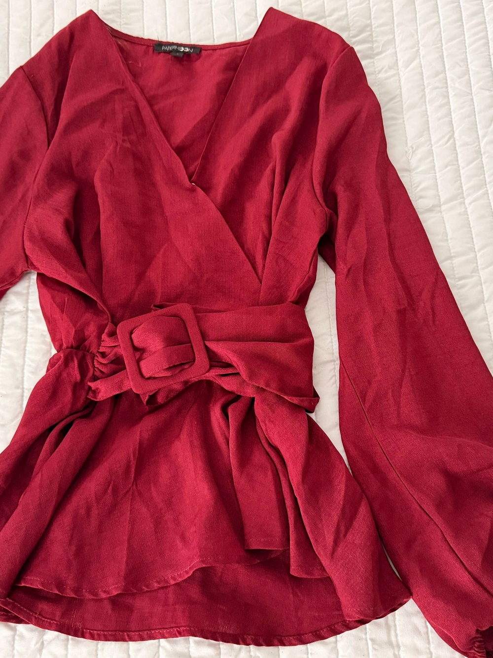 Paper Crane Red Wrap Blouse with Self-Tie Buckle Belt